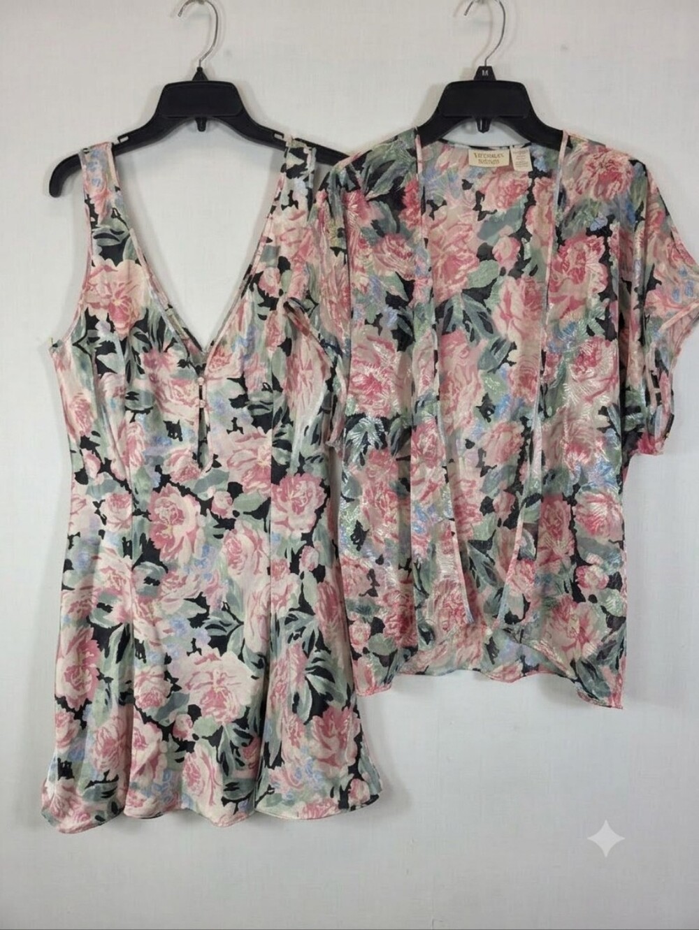 VTG Victoria's Secret Gold Label Floral Slip Nightgown & Sheer Robe Set Large